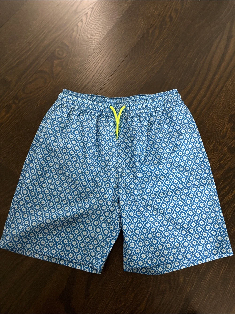 Crewcuts Blue Patterned Swim Trunks with Yellow Drawstring. NWT